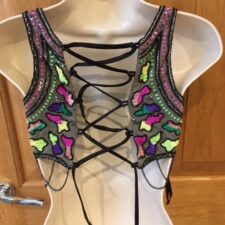 Black, green, pink and khaki sequin crop top with scalloped beading and lace up back