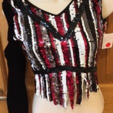 Raspberry, black and white sequin top with one sleeve