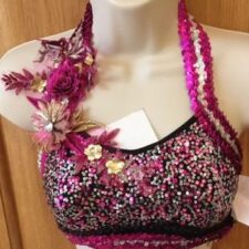 Black and pink sequin crop top with floral applique strap