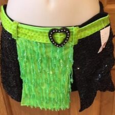 Neon green and black sparkle skirt with fringe beading and a belt