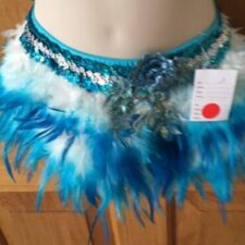 White and blue feather skirt with flower applique