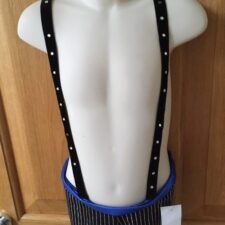 Black and silver pinstripe shorts with royal blue waistband and braces