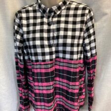 Black, pink and white plaid flannel shirt