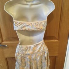 Nude skirted leotard with silver sequin patterns and shredded skirt