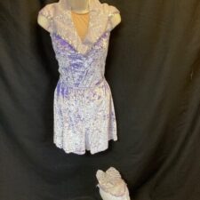 Pale purple crushed velvet and silver leotard and flared shorts and matching hat