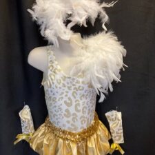 White and gold leopard print leotard and gold foil skirt (with feathers)