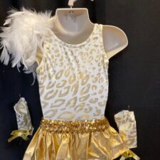White and gold leopard print leotard and gold foil skirt (with feathers)
