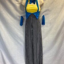 Yellow velvet, blue metallic and black pinstripe all in one with bow tie and gloves