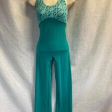 Green all-in-one with lace and halter neck