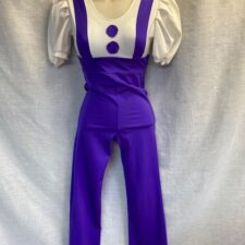 Purple and white puff sleeve all-in-one with braces and buttons