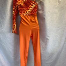 Orange and red leopard print one sleeve catsuit