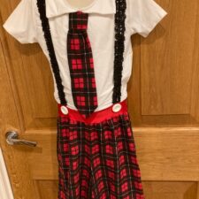 Red and black tartan shortall with braces and tie - Bespoke measurement costumes