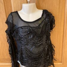 Black tattered leotard with silver lining and mesh sleeve