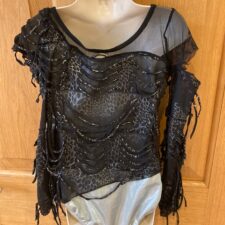 Black tattered leotard with silver lining and mesh sleeve
