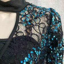 Black and turquoise sequin biketard with drape skirt