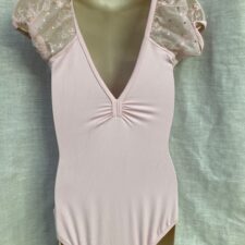Pale pink leotard with lace and sparkle puff sleeves