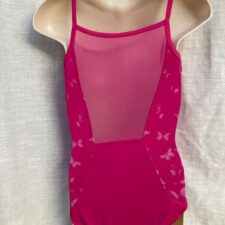 Bright pink leotard with butterfly design and mesh back