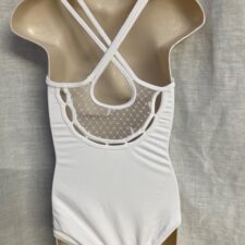 White leotard with mesh design back and sparkle trim
