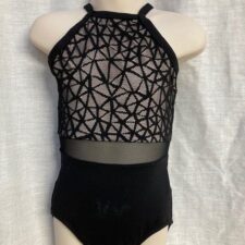 Black and nude mesh leotard with geometric print