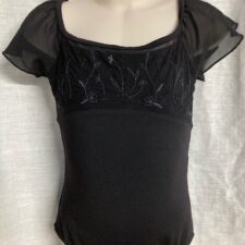 Black leotard with fly sleeves and floral design