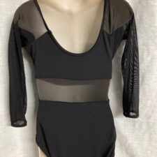 Black long sleeve leotard with floral waistband and mesh sleeves