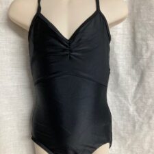 Black thin strap leotard with intricate lace back detail