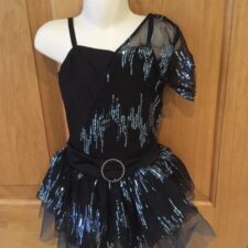 Black skirted biketard with black and blue sequin overlay