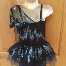 Black skirted biketard with black and blue sequin overlay