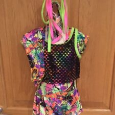 Neon print skirted leotard with mesh over top and boot covers