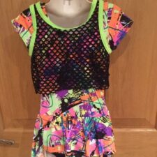 Neon print skirted leotard with mesh over top and boot covers