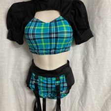 Turquoise and black tartan 2-piece with puff sleeve crop top and briefs with braces