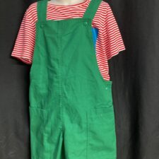 Green dungarees with stripe shirt