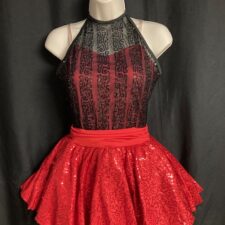 Red and black sequin skirted leotard with halter neck