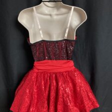Red and black sequin skirted leotard with halter neck