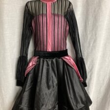 Pink and black can can skirted leotard with sheer long sleeve bodice and satin peplum