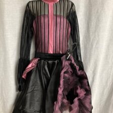 Pink and black can can skirted leotard with sheer long sleeve bodice and satin peplum