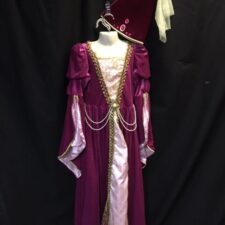 Fuchsia velvet Tudor dress and hat