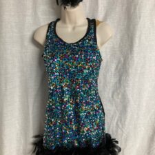 Multi colour sequin dress with feather trim and black bike shorts