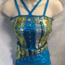 Turquoise and gold sequin leotard and shorts