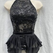 Black sparkle and lace leotard with sequin collar and separate peplum skirt