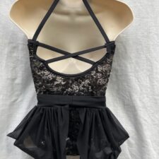 Black sparkle and lace leotard with sequin collar and separate peplum skirt