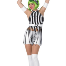 Black and white 60's style biketard with arm cuffs, headband and boot covers