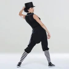 Black and white tailcoat all in one with pinstripe trousers, hat and stripy socks