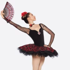 Black and red Spanish style tutu with embroidered mesh sleeves and velvet bodice