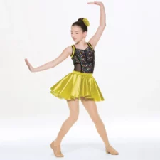 Neon yellow and black skirted leotard with multi colour sequin bodice