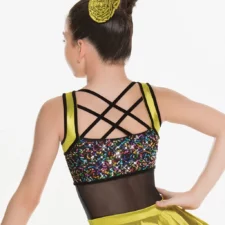 Neon yellow and black skirted leotard with multi colour sequin bodice