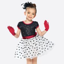 Red, white and black skirted leotard with sequin bodice and spotty skirt (gloves and hair flower included)