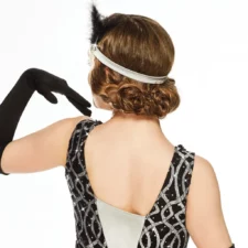 Black and silver flapper style fringed skirted leotard with gloves and headpiece