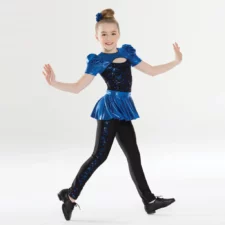 Royal blue satin and black sequin catsuit with attached skirt and shrug