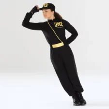 Black and gold military style jumpsuit with hat and gloves